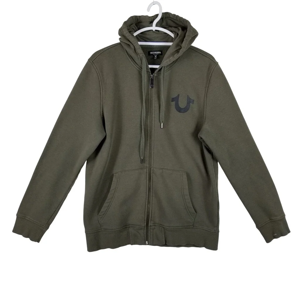 True Religion Mens Olive Green Horseshoe Graphic Full‎ Zip Hoodie Sweatshirt L